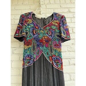 Vintage Scala Beaded on Silk Sequin Dress Black Mardi Gras Dress!! LARGE